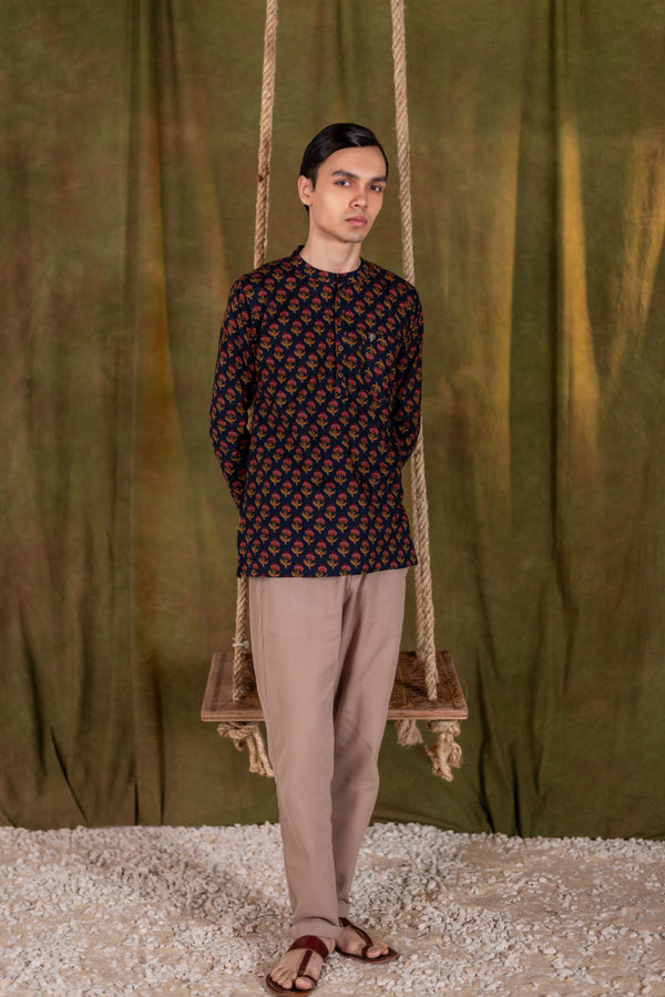 Men's Printed Short Cotton Kurta - Full Sleeve | Rosegold Bloom