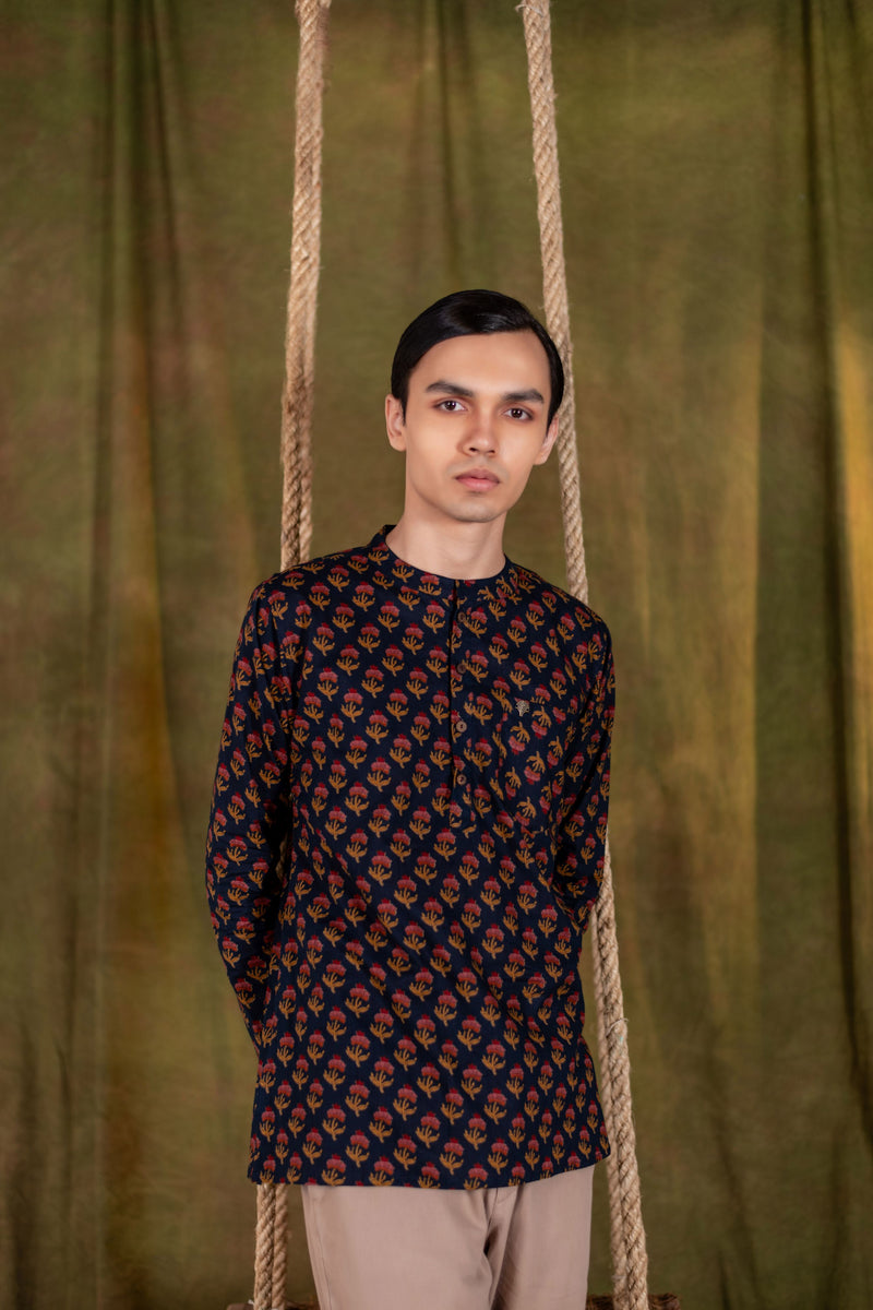 Men's Printed Short Cotton Kurta - Full Sleeve | Rosegold Bloom
