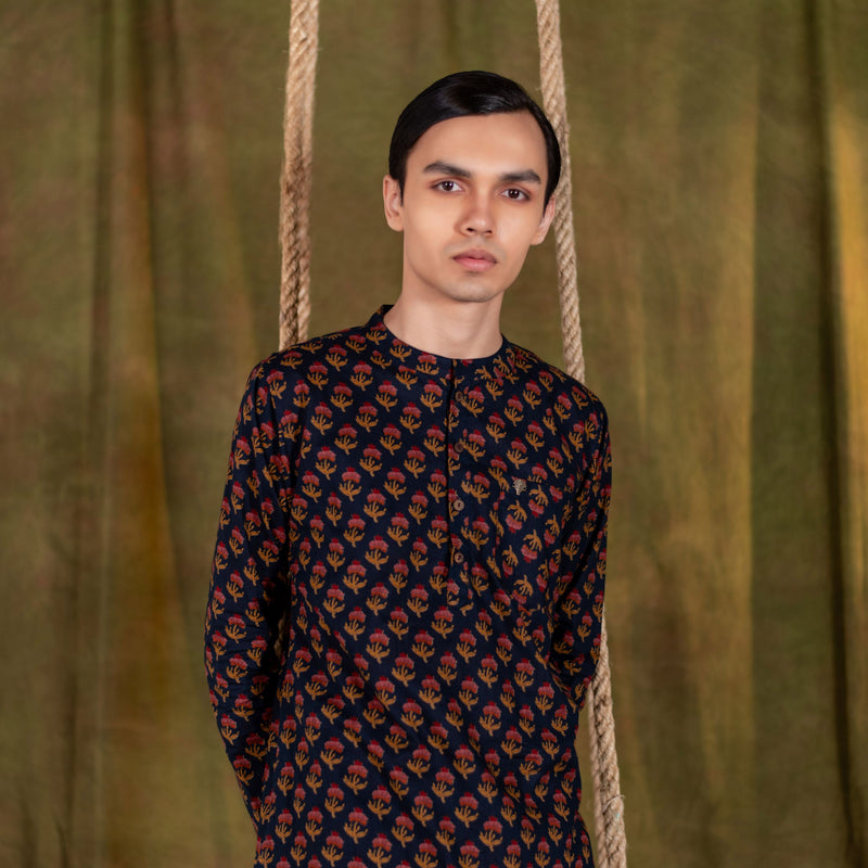 Men's Printed Short Cotton Kurta - Full Sleeve | Rosegold Bloom