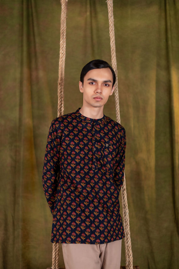 Men's Printed Short Cotton Kurta - Full Sleeve | Rosegold Bloom