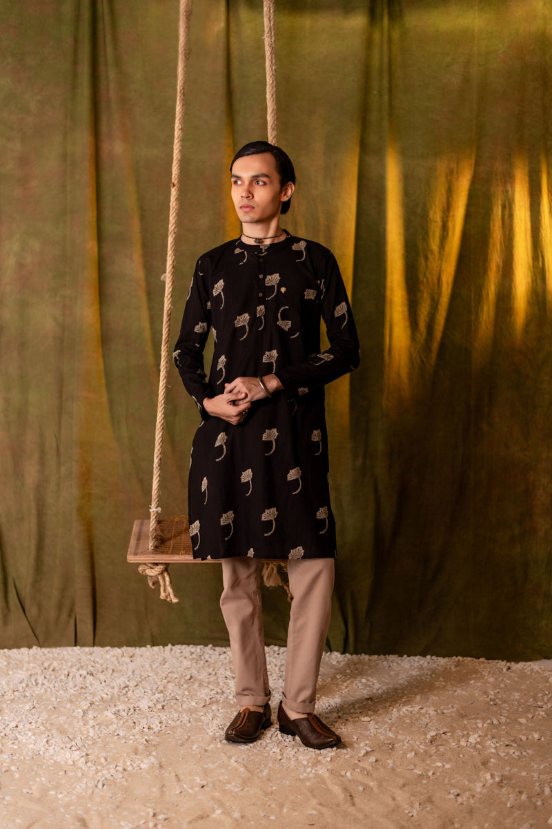 Men's Printed Long Cotton Kurta - Full Sleeve | Midnight Leaf