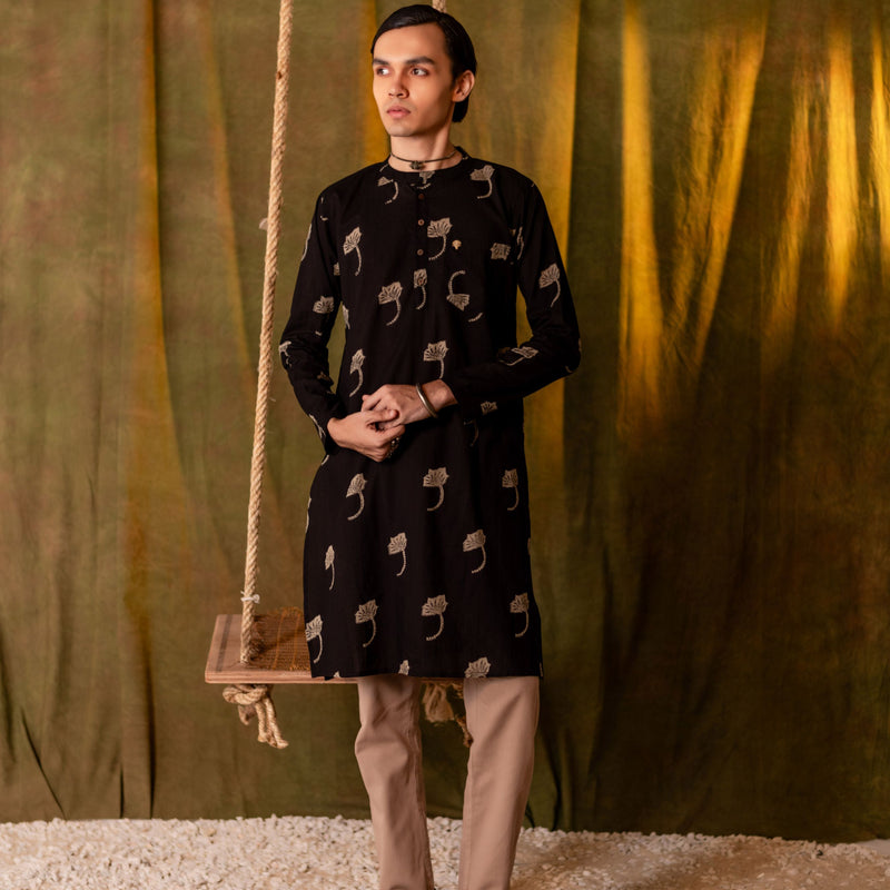 Men's Printed Long Cotton Kurta - Full Sleeve | Midnight Leaf