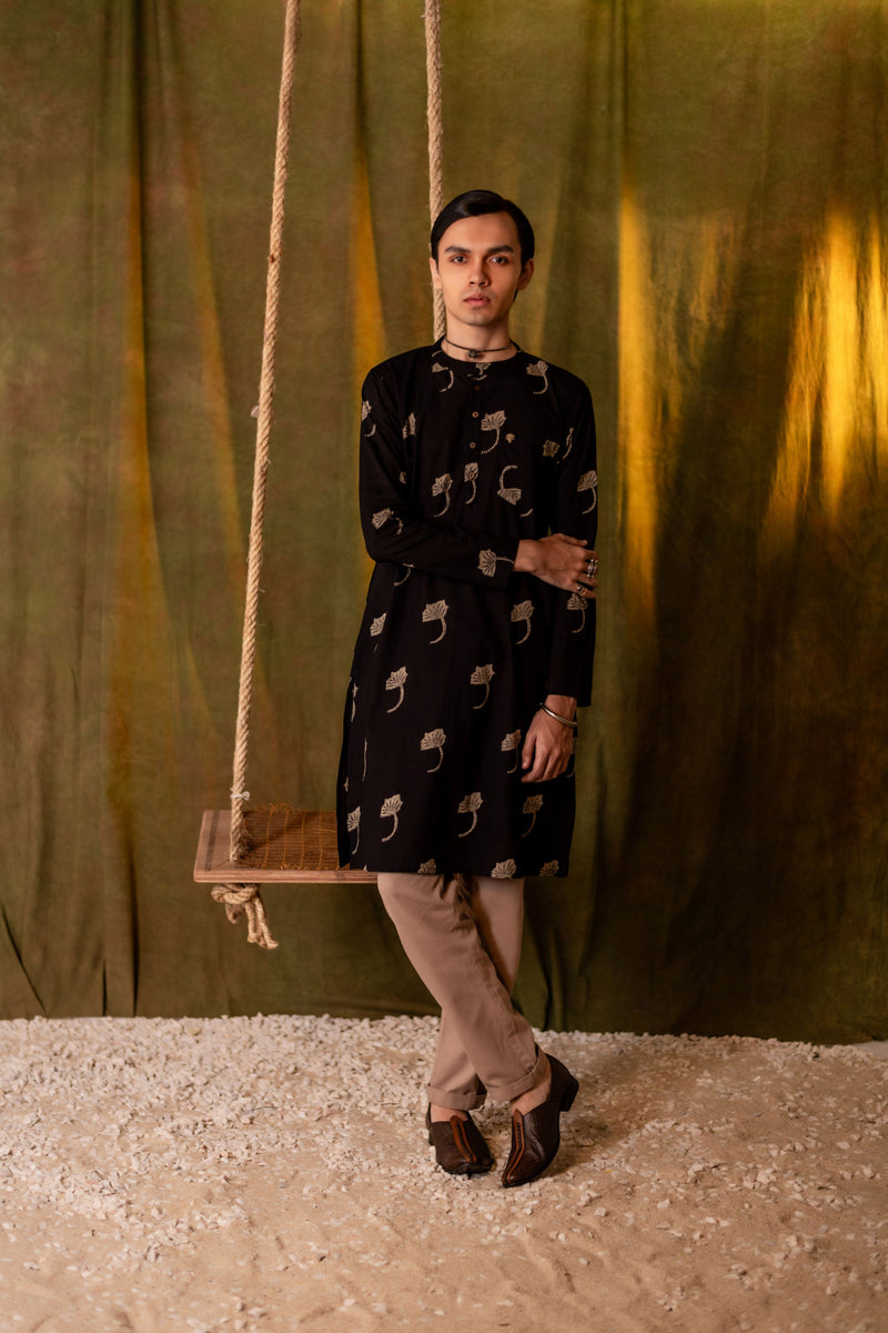 Men's Printed Long Cotton Kurta - Full Sleeve | Midnight Leaf