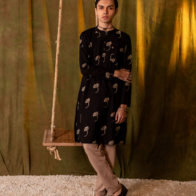 Men's Printed Long Cotton Kurta - Full Sleeve | Midnight Leaf