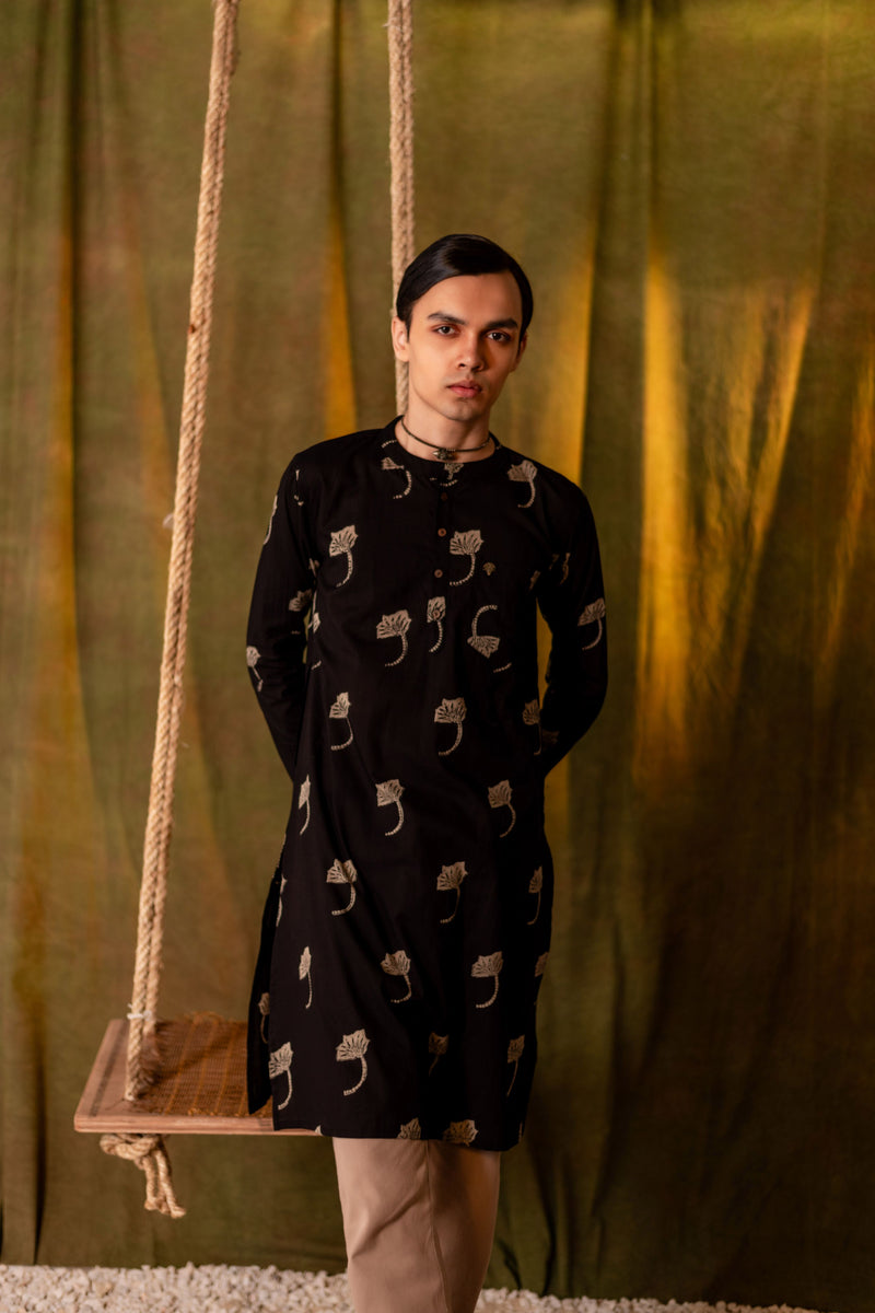 Men's Printed Long Cotton Kurta - Full Sleeve | Midnight Leaf
