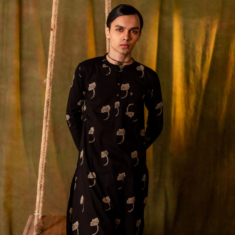 Men's Printed Long Cotton Kurta - Full Sleeve | Midnight Leaf