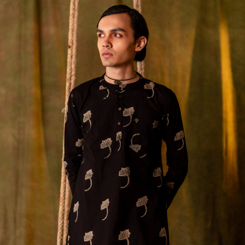 Men's Printed Long Cotton Kurta - Full Sleeve | Midnight Leaf
