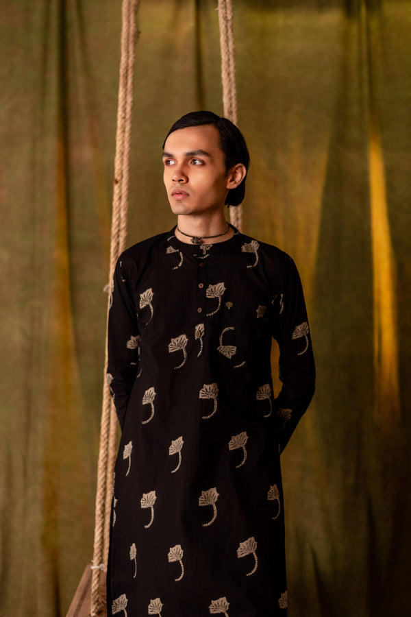 Men's Printed Long Cotton Kurta - Full Sleeve | Midnight Leaf