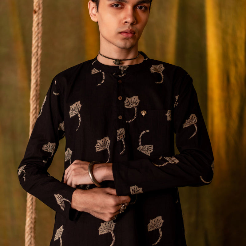 Men's Printed Long Cotton Kurta - Full Sleeve | Midnight Leaf