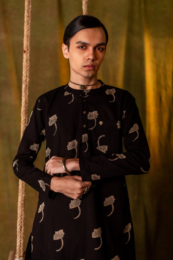 Men's Printed Long Cotton Kurta - Full Sleeve | Midnight Leaf