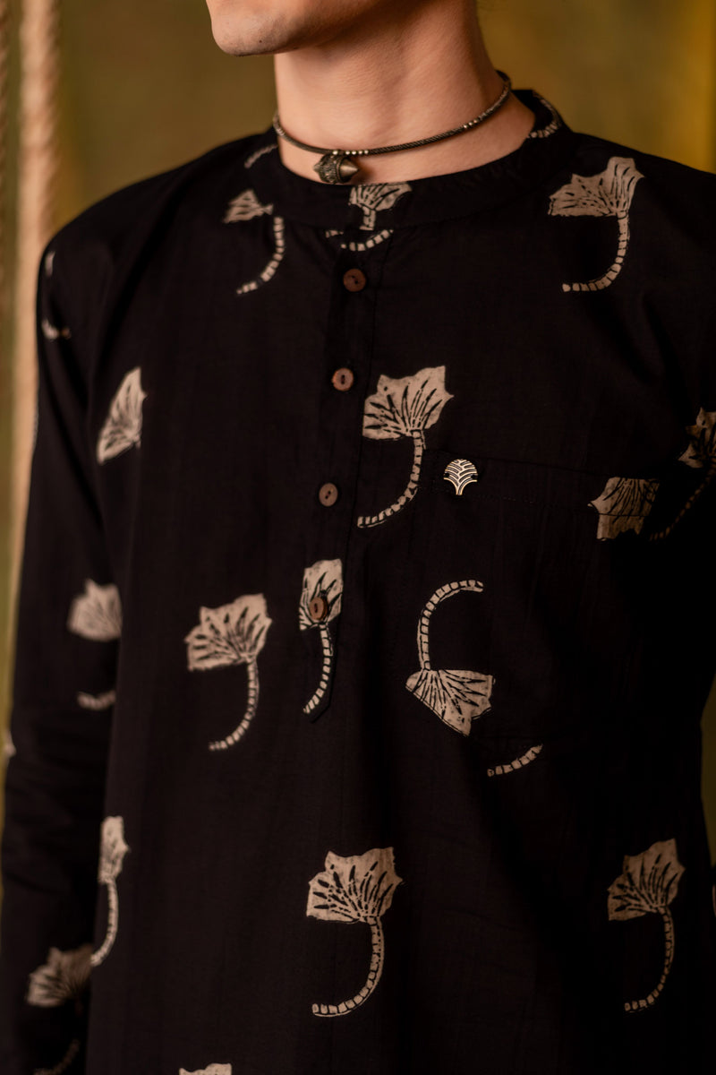 Men's Printed Long Cotton Kurta - Full Sleeve | Midnight Leaf