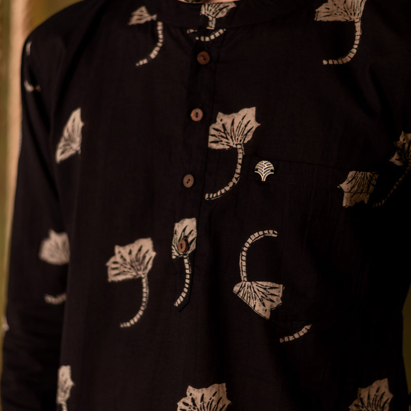Men's Printed Long Cotton Kurta - Full Sleeve | Midnight Leaf
