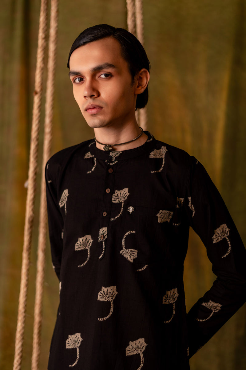 Men's Printed Long Cotton Kurta - Full Sleeve | Midnight Leaf