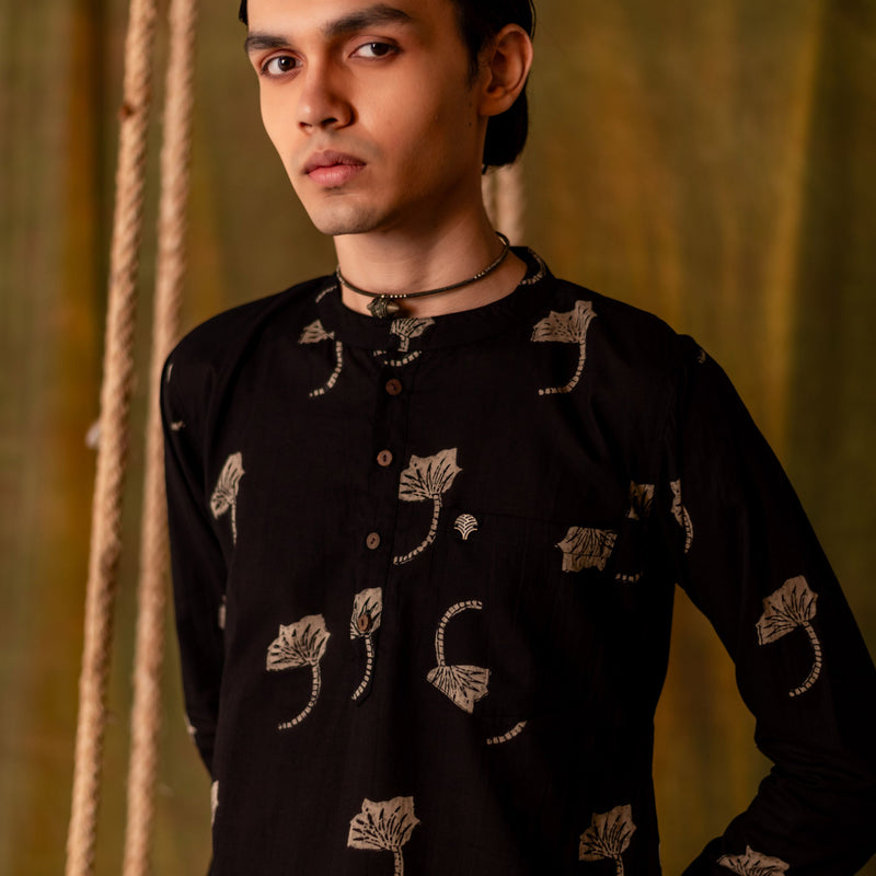 Men's Printed Long Cotton Kurta - Full Sleeve | Midnight Leaf