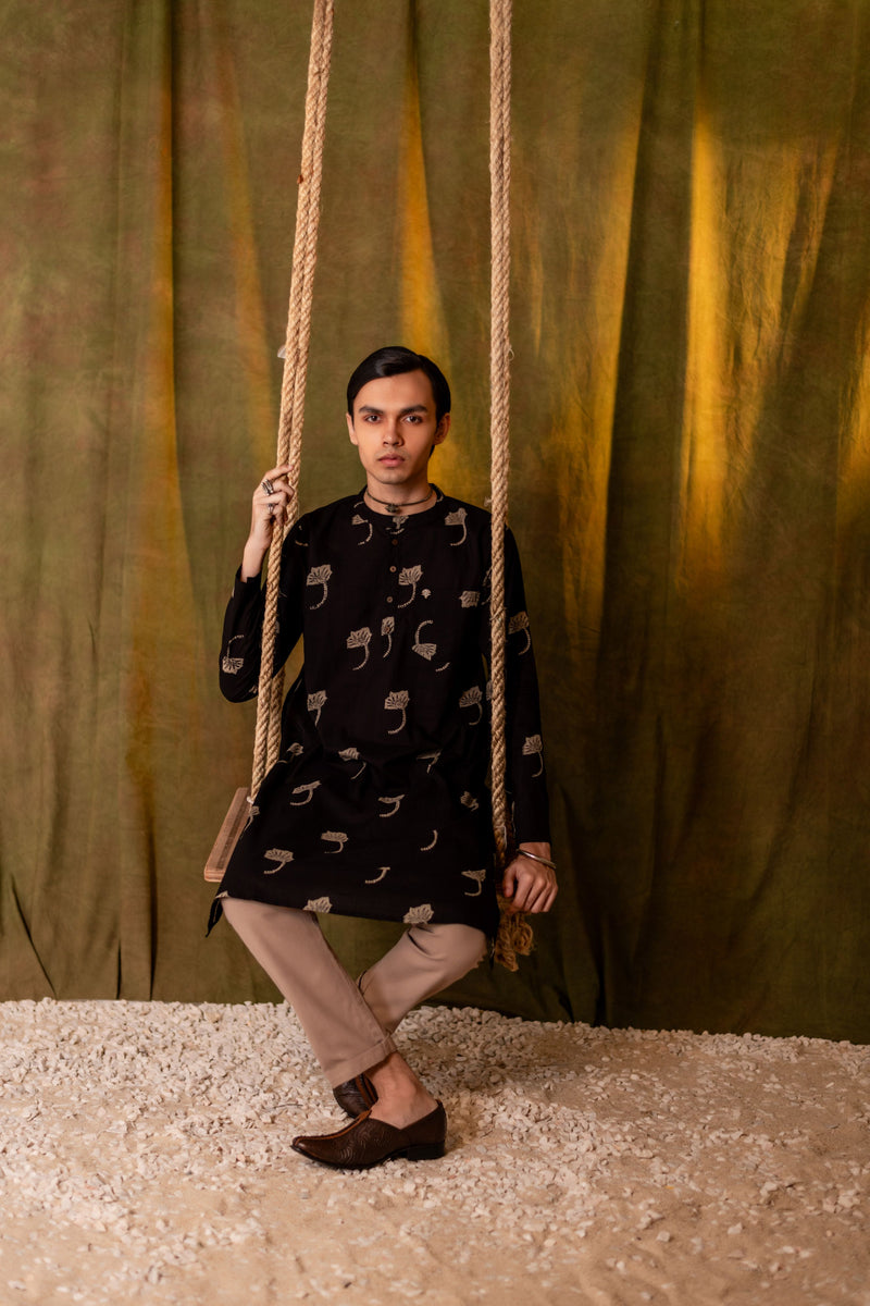 Men's Printed Long Cotton Kurta - Full Sleeve | Midnight Leaf