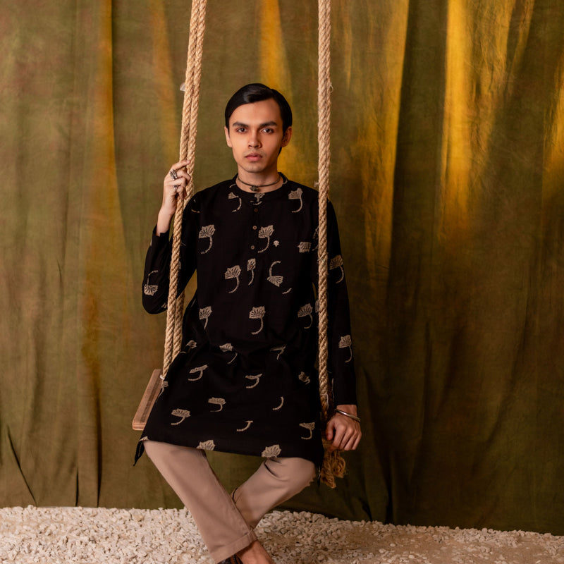 Men's Printed Long Cotton Kurta - Full Sleeve | Midnight Leaf