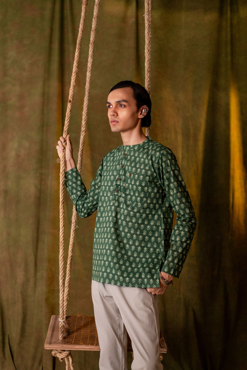 Men's Printed Short Cotton Kurta - Full Sleeve | Sage Bloom