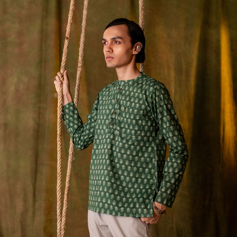 Men's Printed Short Cotton Kurta - Full Sleeve | Sage Bloom