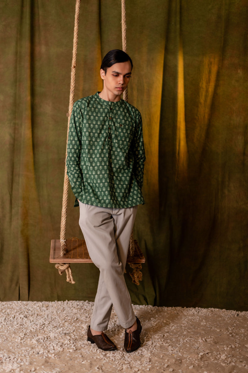 Men's Printed Short Cotton Kurta - Full Sleeve | Sage Bloom