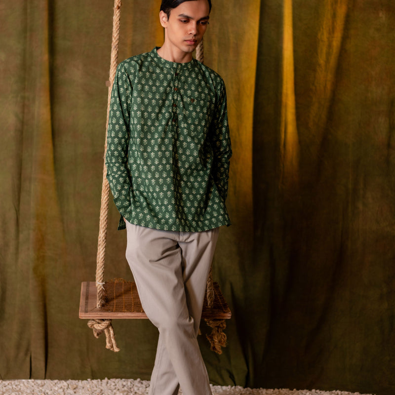 Men's Printed Short Cotton Kurta - Full Sleeve | Sage Bloom