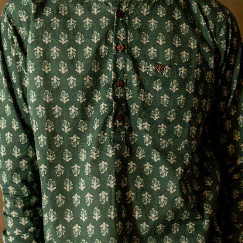Men's Printed Short Cotton Kurta - Full Sleeve | Sage Bloom