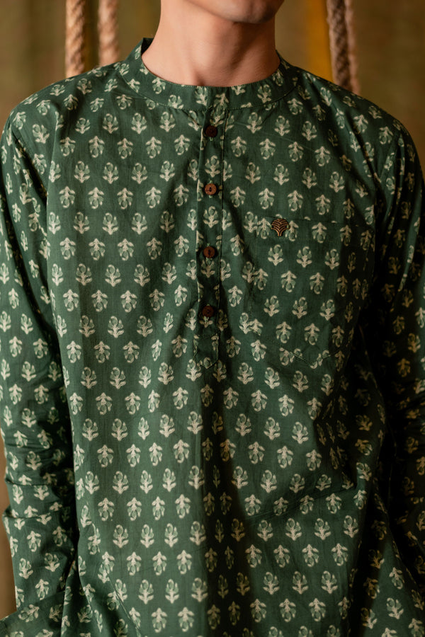 Men's Printed Short Cotton Kurta - Full Sleeve | Sage Bloom