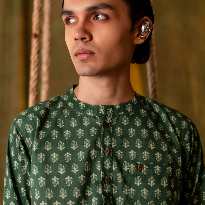 Men's Printed Short Cotton Kurta - Full Sleeve | Sage Bloom