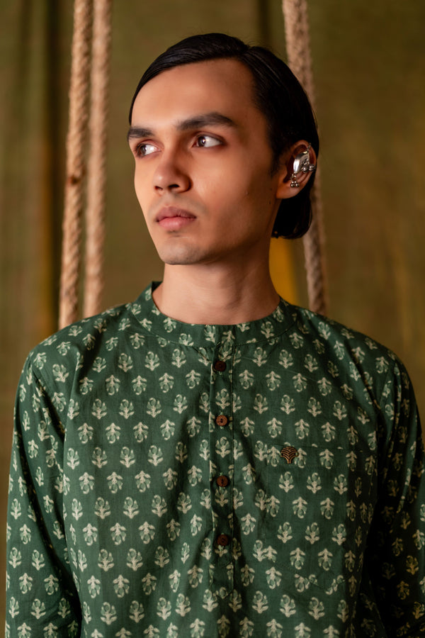 Men's Printed Short Cotton Kurta - Full Sleeve | Sage Bloom