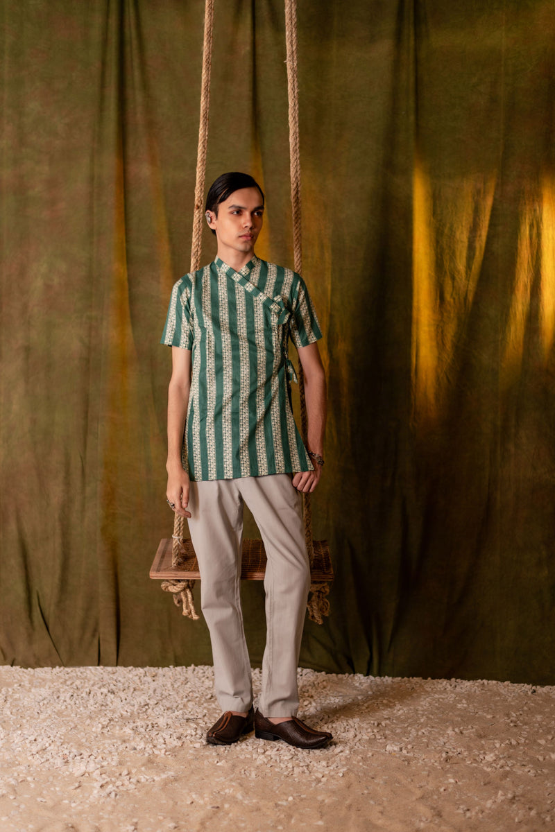 Men's Printed Cotton Angarakha Kurta - Half Sleeve | Teal Lane