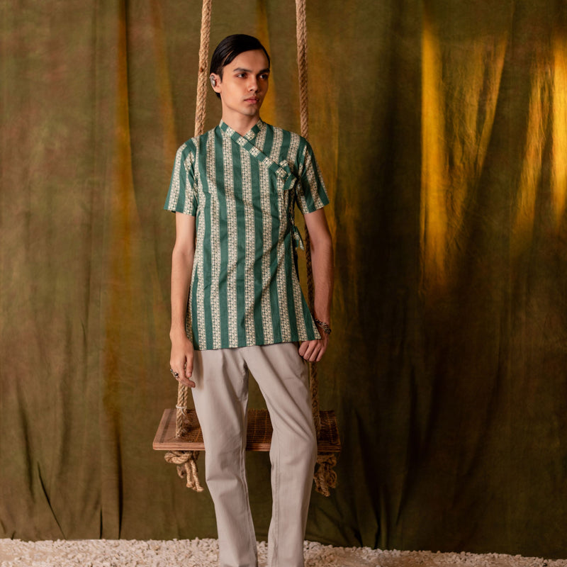 Men's Printed Cotton Angarakha Kurta - Half Sleeve | Teal Lane