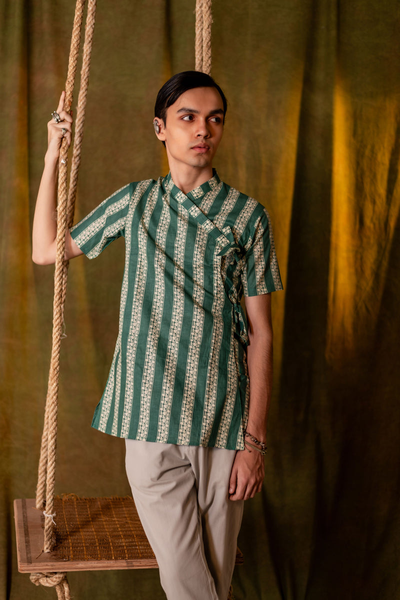Men's Printed Cotton Angarakha Kurta - Half Sleeve | Teal Lane