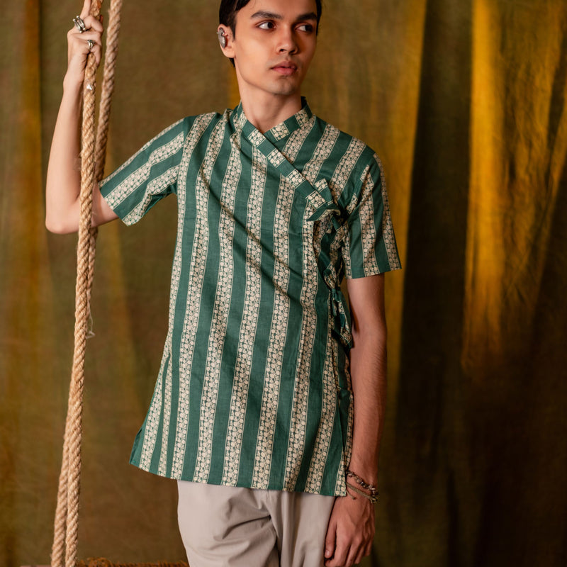 Men's Printed Cotton Angarakha Kurta - Half Sleeve | Teal Lane
