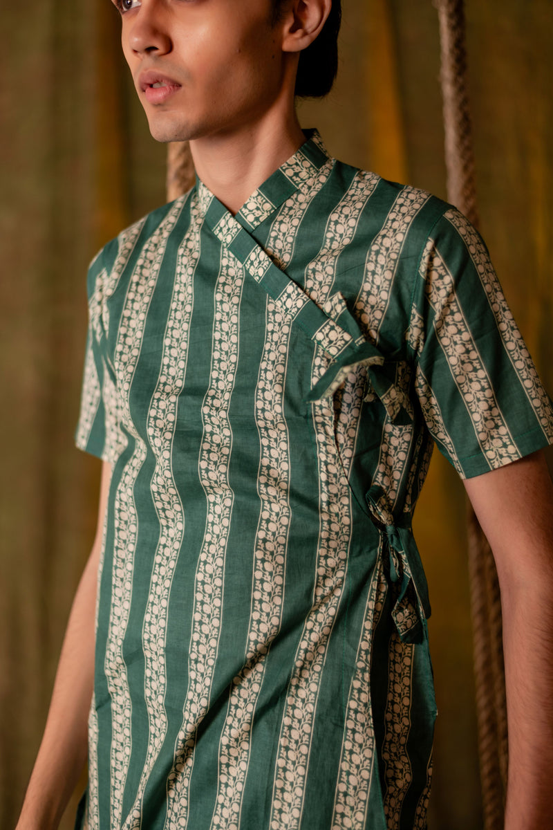 Men's Printed Cotton Angarakha Kurta - Half Sleeve | Teal Lane