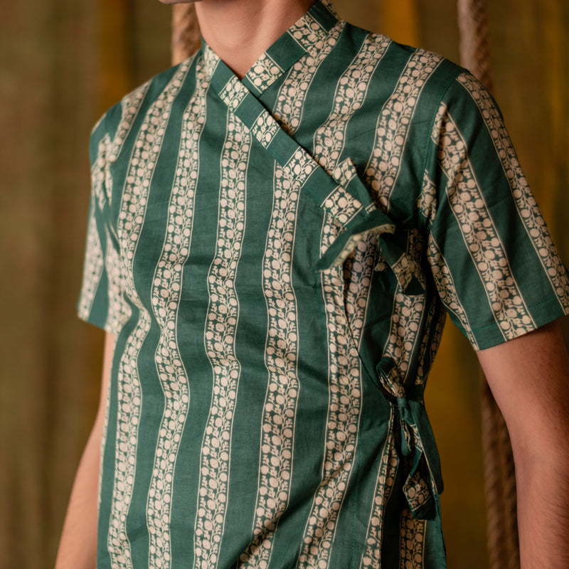 Men's Printed Cotton Angarakha Kurta - Half Sleeve | Teal Lane