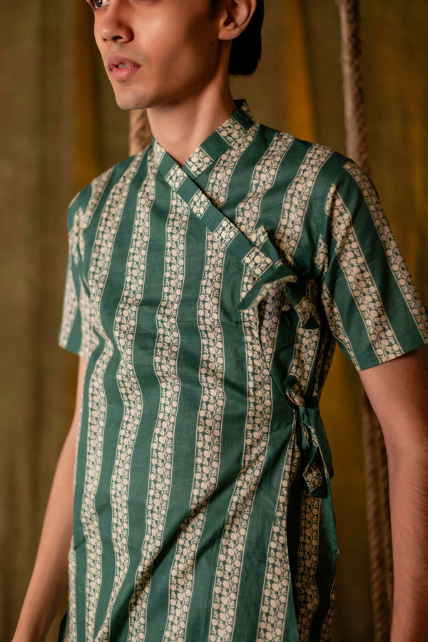 Men's Printed Cotton Angarakha Kurta - Half Sleeve | Teal Lane