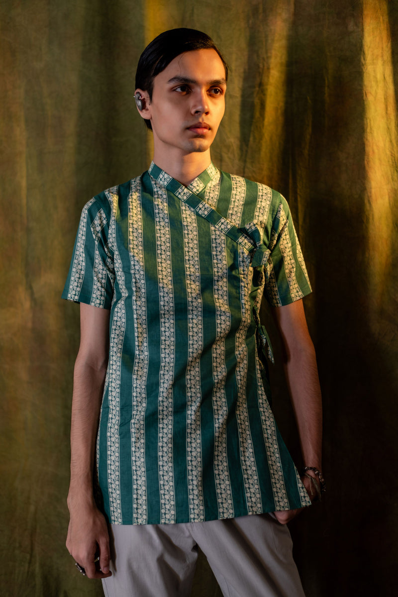 Men's Printed Cotton Angarakha Kurta - Half Sleeve | Teal Lane