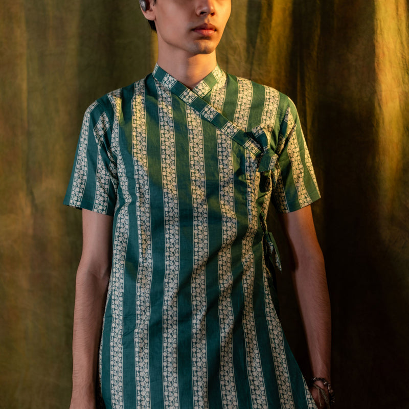 Men's Printed Cotton Angarakha Kurta - Half Sleeve | Teal Lane