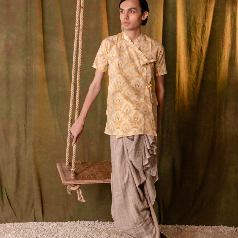 Men's Printed Cotton Angarakha Kurta - Half Sleeve | Amber Breeze