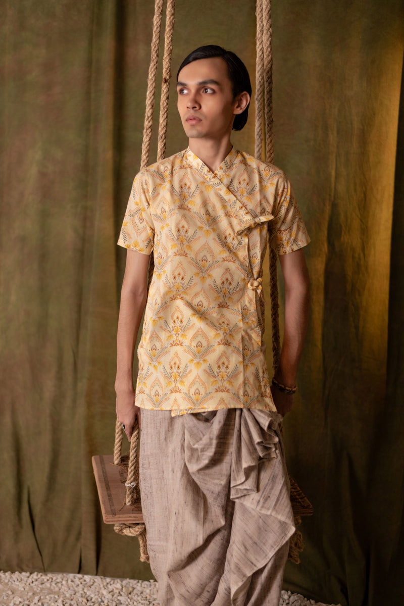 Men's Printed Cotton Angarakha Kurta - Half Sleeve | Amber Breeze