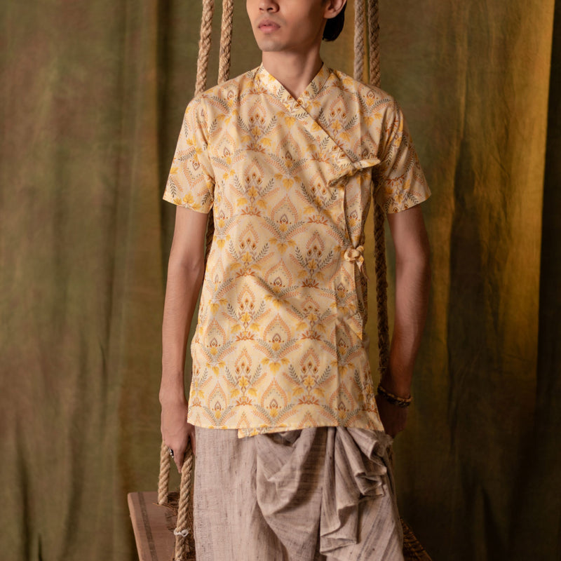 Men's Printed Cotton Angarakha Kurta - Half Sleeve | Amber Breeze