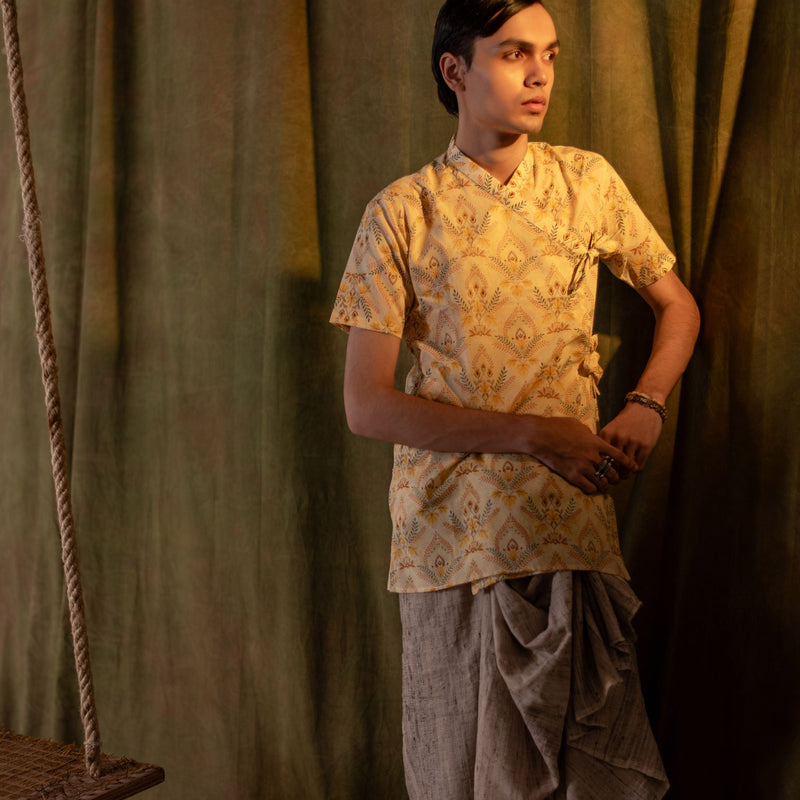 Men's Printed Cotton Angarakha Kurta - Half Sleeve | Amber Breeze