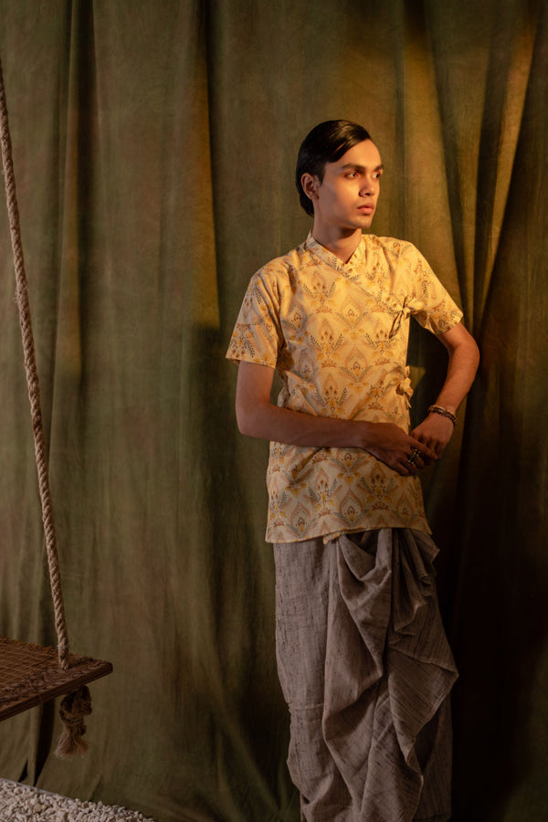 Men's Printed Cotton Angarakha Kurta - Half Sleeve | Amber Breeze