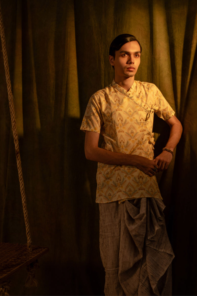 Men's Printed Cotton Angarakha Kurta - Half Sleeve | Amber Breeze