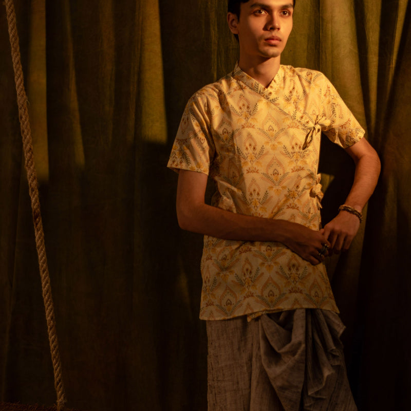 Men's Printed Cotton Angarakha Kurta - Half Sleeve | Amber Breeze