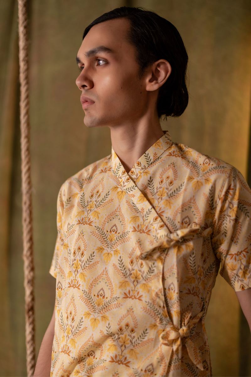 Men's Printed Cotton Angarakha Kurta - Half Sleeve | Amber Breeze