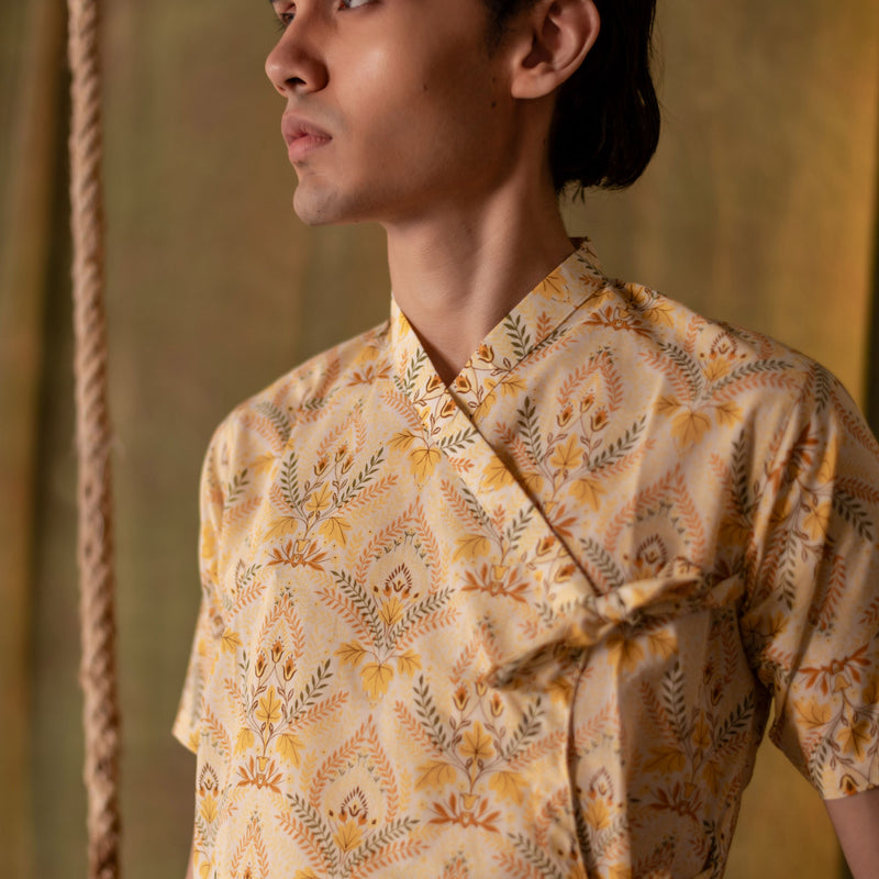 Men's Printed Cotton Angarakha Kurta - Half Sleeve | Amber Breeze