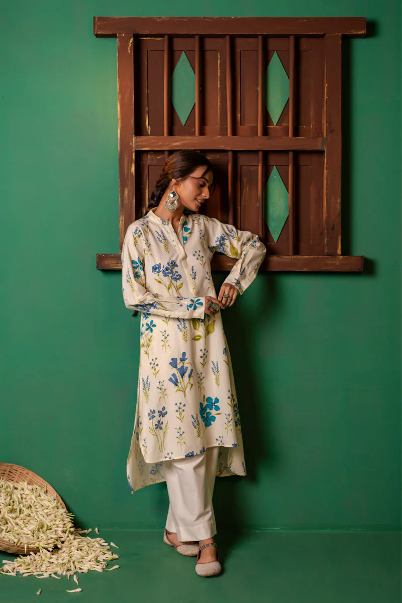 Printed High Low Cotton Kurta for Women | Bluebell Breeze