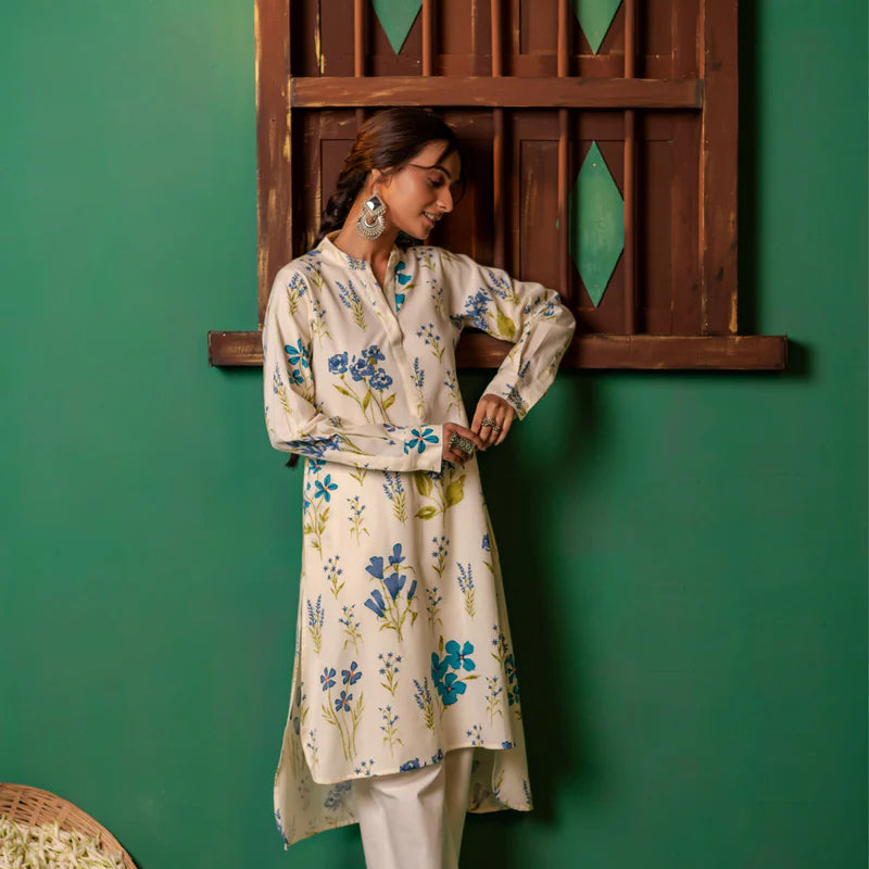 Printed High Low Cotton Kurta for Women | Bluebell Breeze