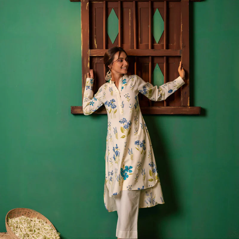 Printed High Low Cotton Kurta for Women | Bluebell Breeze