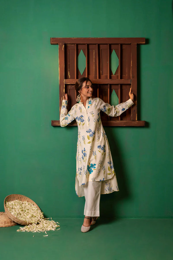 Printed High Low Cotton Kurta for Women | Bluebell Breeze